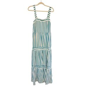 Loft Beach Teal White Striped Tiered Maxi Dress Smocked Back Square Neck Sz L
